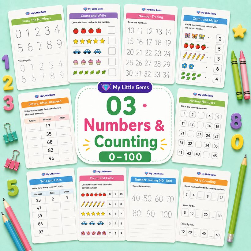 03 Numbers &amp; Counting 0-100 – printable worksheets PDF