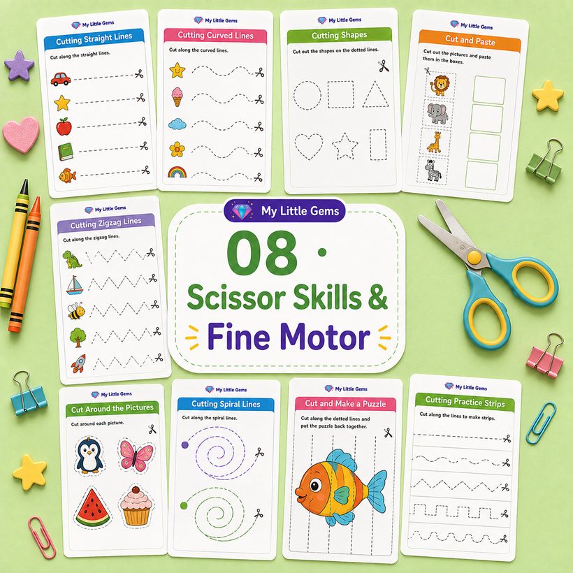 08 Scissor Skills &amp; Fine Motor – printable worksheets PDF