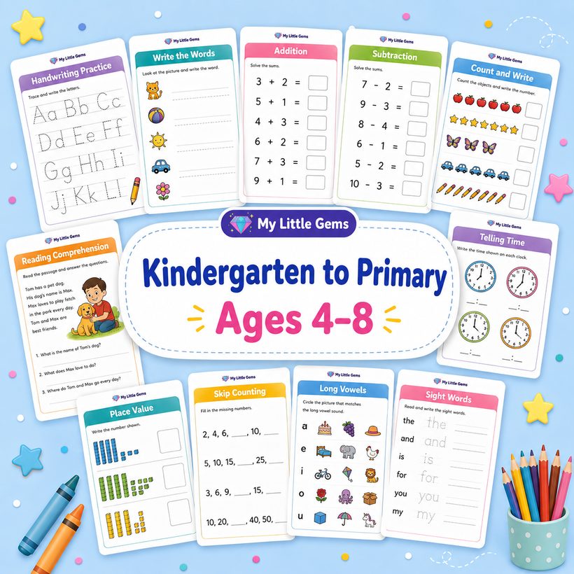Kindergarten to Primary Curriculum (Age 4-8 Yrs) – printable worksheets PDF