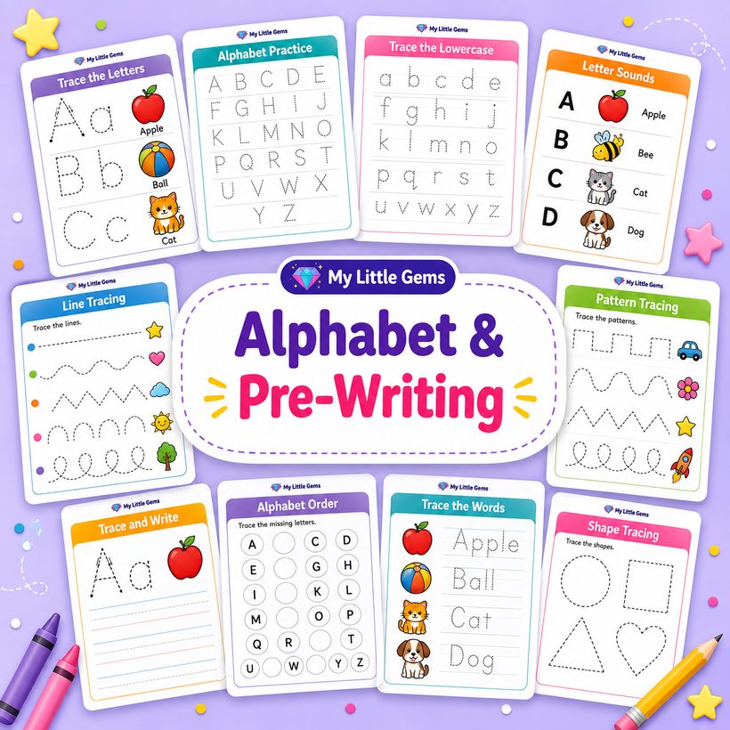 Alphabet &amp; Pre-Writing Pack – printable worksheets PDF