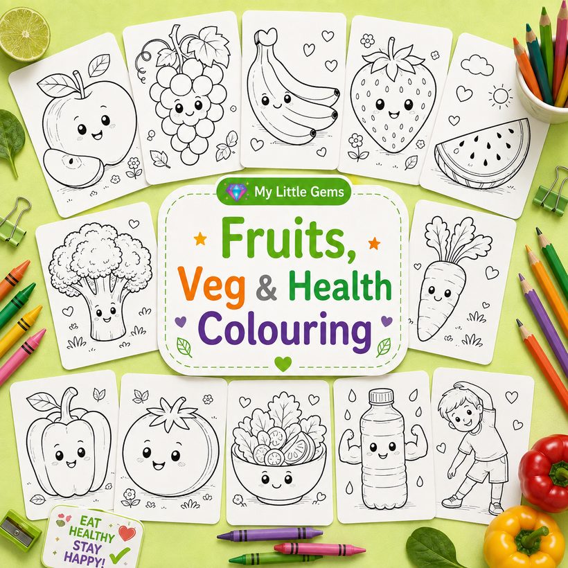 Fruits, Veg &amp; Health Colouring – printable worksheets PDF