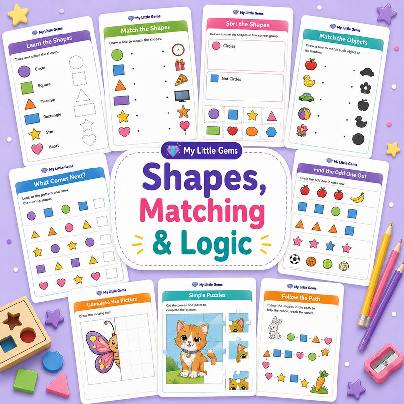 Shapes, Matching &amp; Logic Pack – printable worksheets PDF