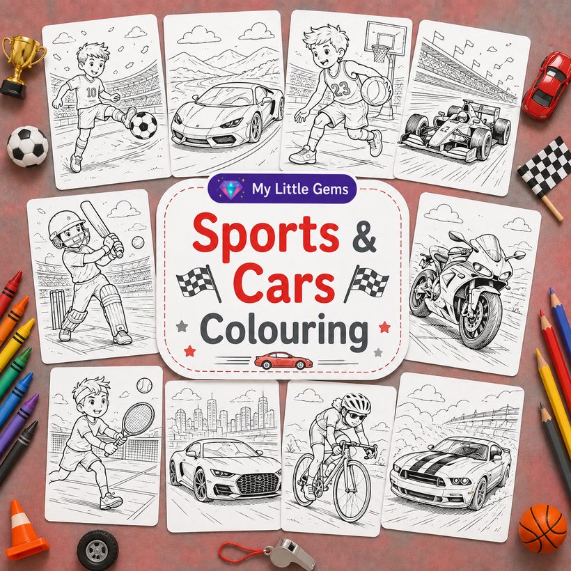 Sports &amp; Cars Colouring – printable worksheets PDF