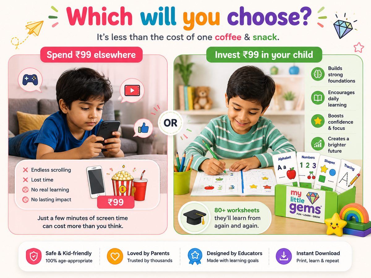 A few minutes of screen time, or 80+ worksheets your child learns from again and again