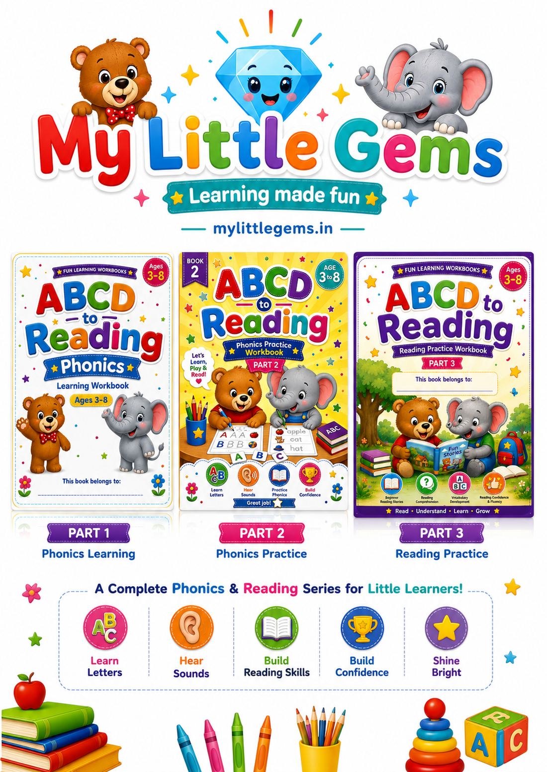 ABCD to Reading — 3-book premium phonics set for ages 3–8